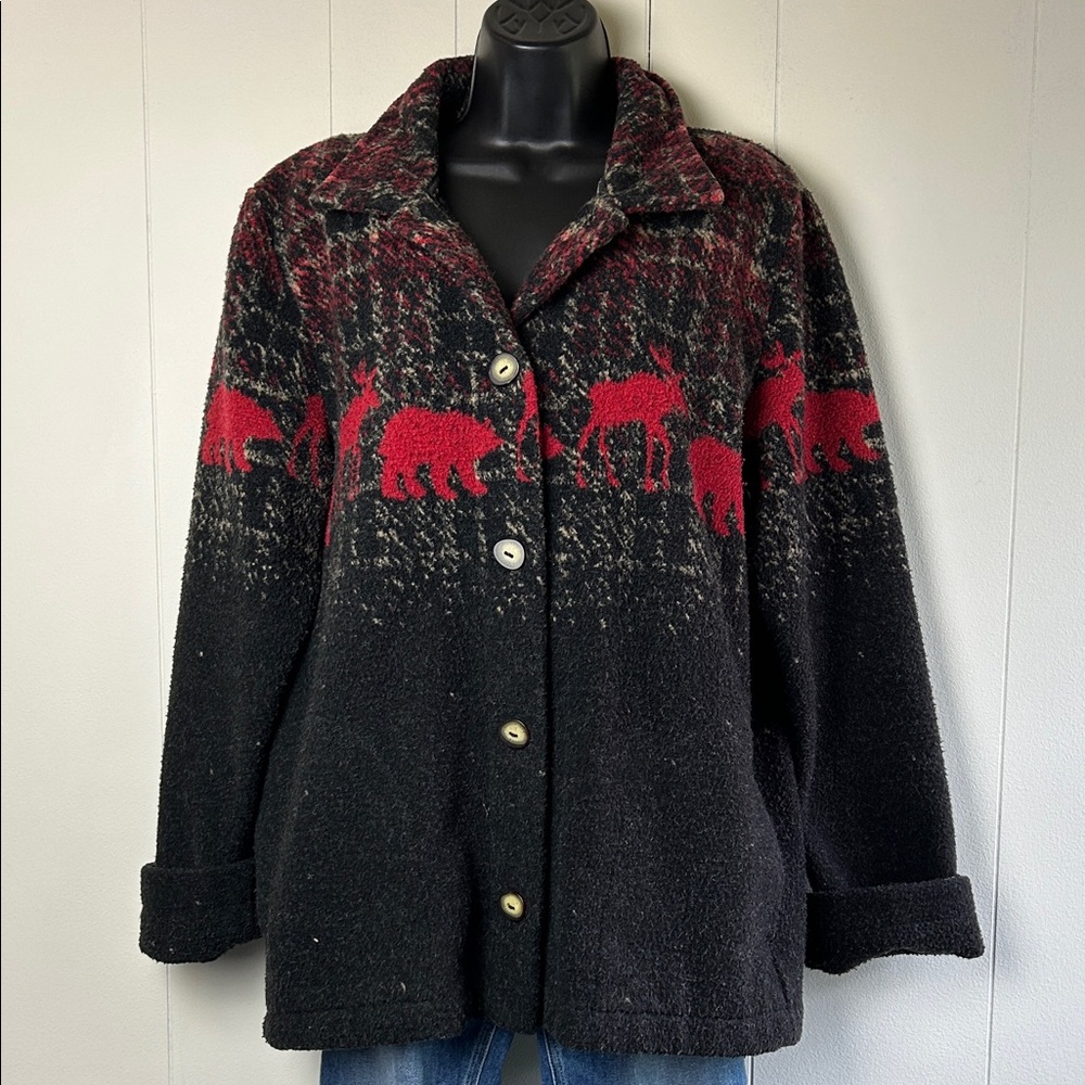 County Clothing Black and Red Moose Bear Patterned Jacket Cabin Rustic M